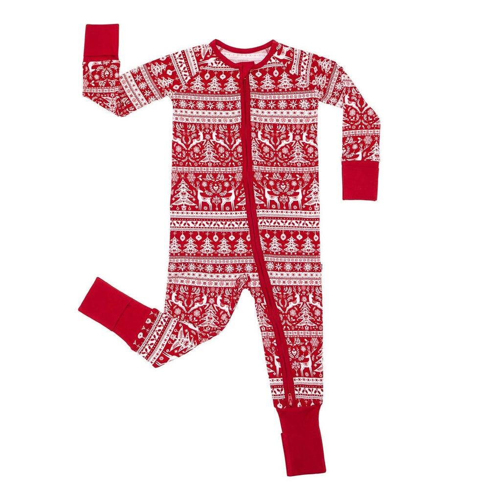 Little Sleepies Red + White Reindeer Cheer One Piece Bamboo Zippy Sleeper 12-18